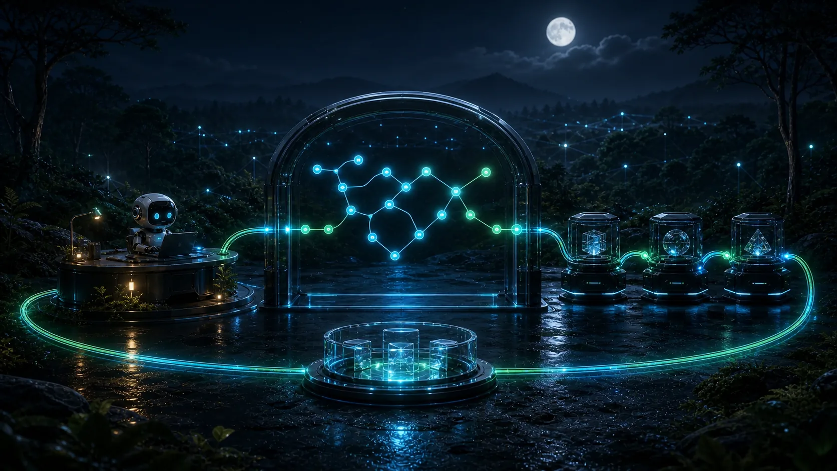 A moonlit coding robot, glass review gate, three mirror nodes, and a crystalline proof ring joined by one cyan and green circuit